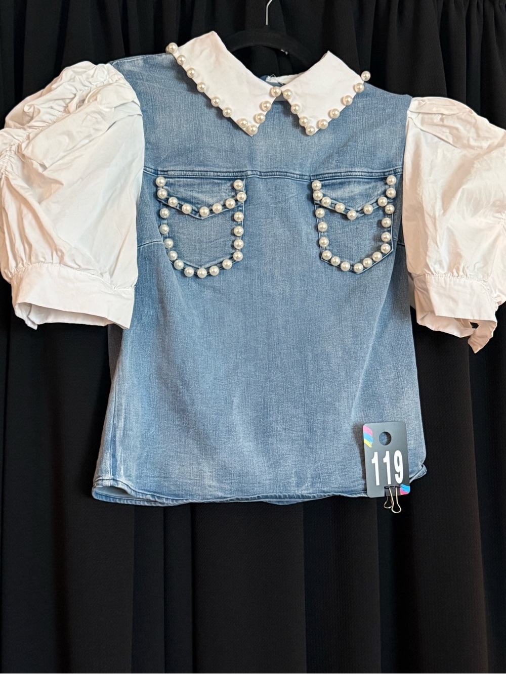 Pearl-Embellished Denim Blouse with Puff White Sleeves